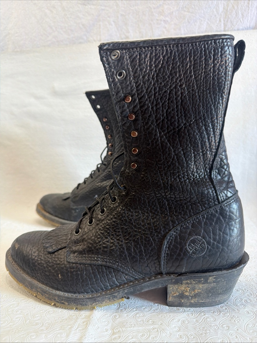 Double H Lacer Boots Men 9.5 D High Black Leather Kiltie Soft Toe Western DH9634